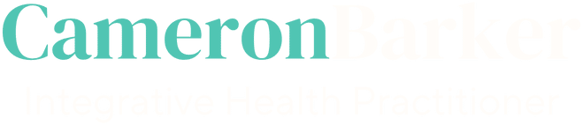 The image displays the text "Cameron Barker Integrative Health Practitioner" with "Cameron" in bold teal and the rest in light, pale lettering.